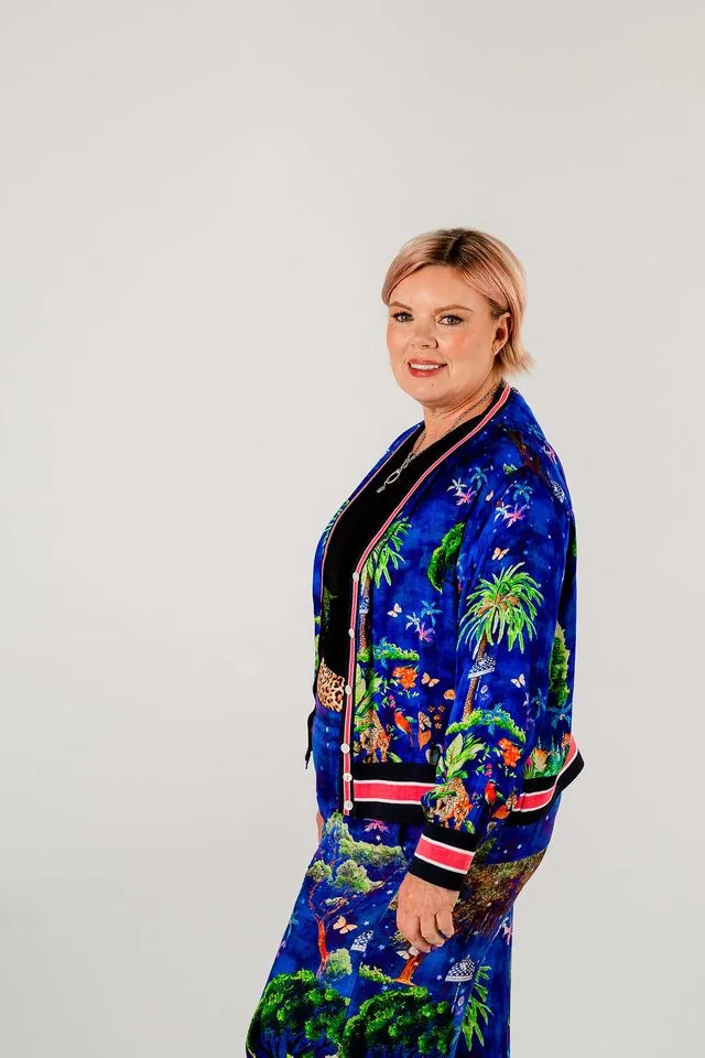 Catheryn Wright in a vibrant printed suit