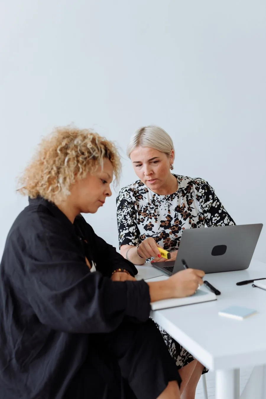 Two women discussing business plans over a laptop